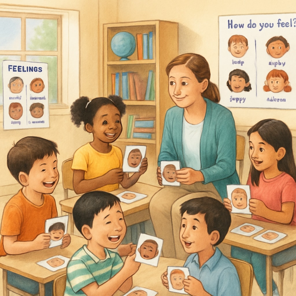 A group of children sitting in a classroom, engaging in activities designed to teach emotional intelligence, such as identifying facial expressions and discussing feelings. Children learning emotional education in a classroom setting