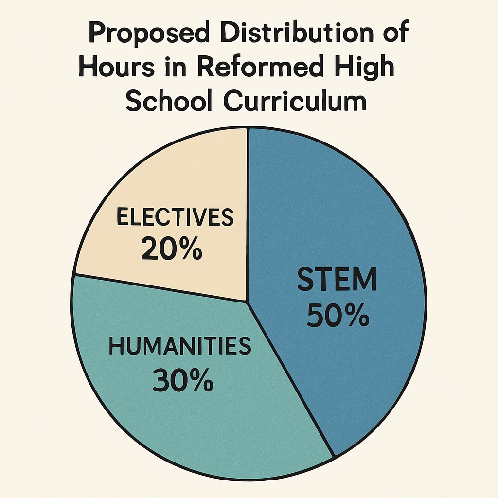 A pie chart illustrating the proposed distribution of hours for STEM, humanities, and electives in a reformed high school curriculum. Visual representation of curriculum distribution between STEM and humanities.