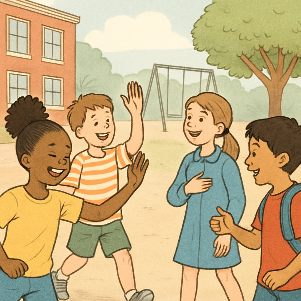 Children playing outdoors, showcasing joyful emotions and positive interaction, reflecting the impact of learning emotional management. Children expressing happiness and emotional well-being outdoors