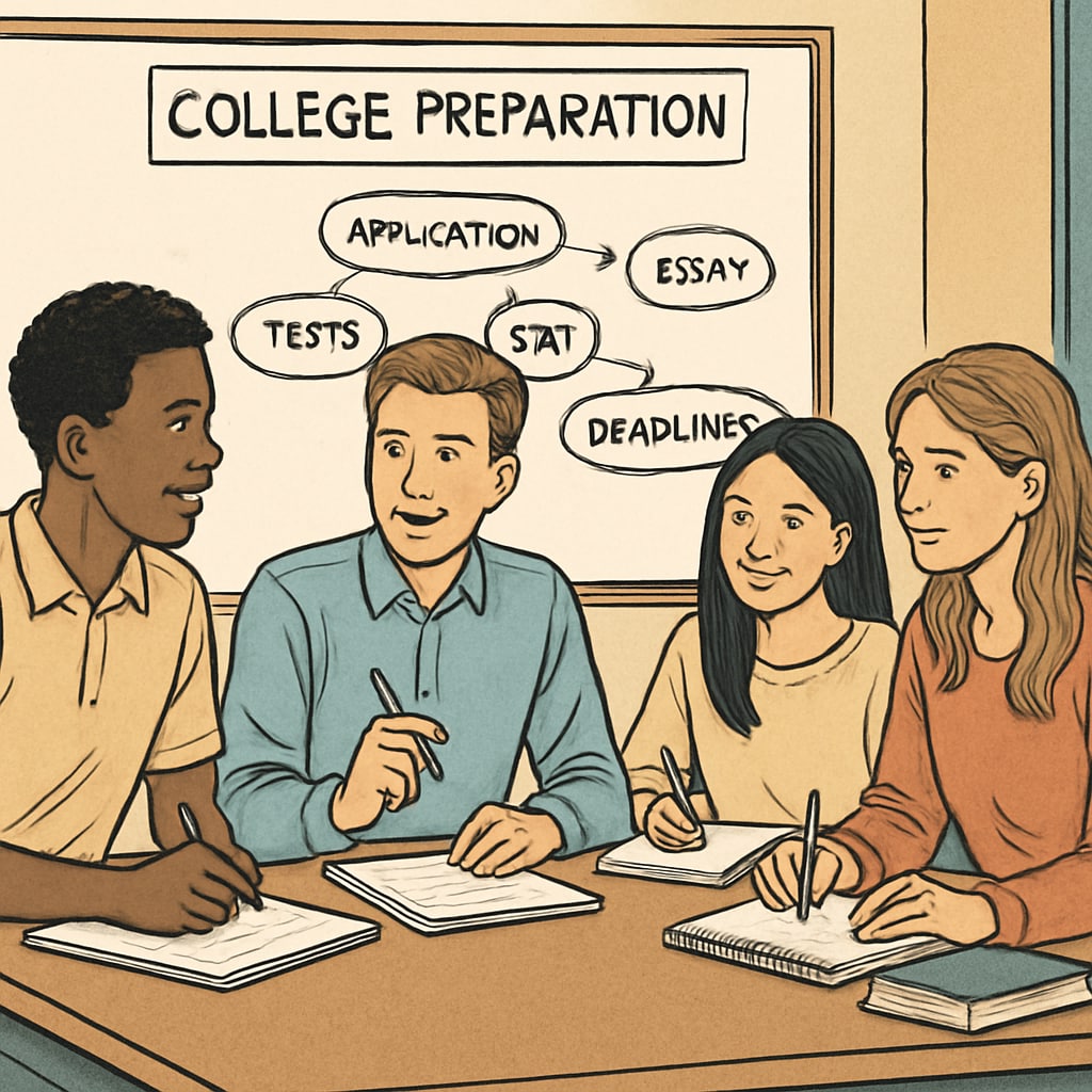 A group of high school students brainstorming ideas for college preparation in a classroom setting. High school students discussing college preparation challenges.