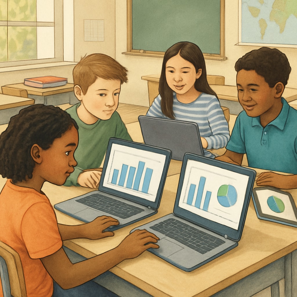 A group of K12 students working on laptops, analyzing data from a Zooniverse citizen science project. K12 students participating in Zooniverse citizen science projects.
