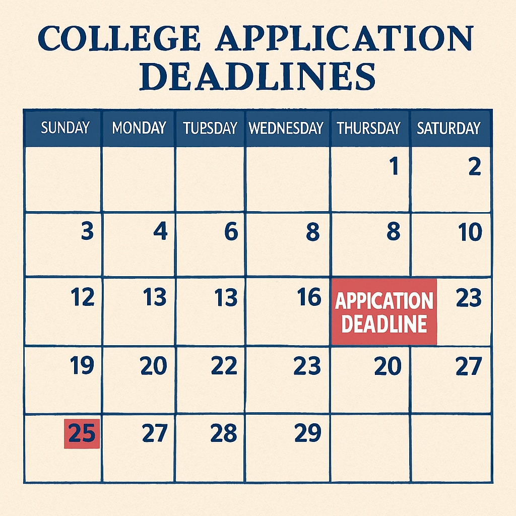 A calendar with college application deadlines highlighted, emphasizing the need for early preparation. Calendar showing important college application deadlines.