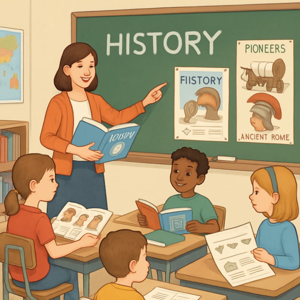 A classroom with young children learning about history through age-appropriate materials, such as books and visual aids. First grade classroom with children learning history through books and visual aids.