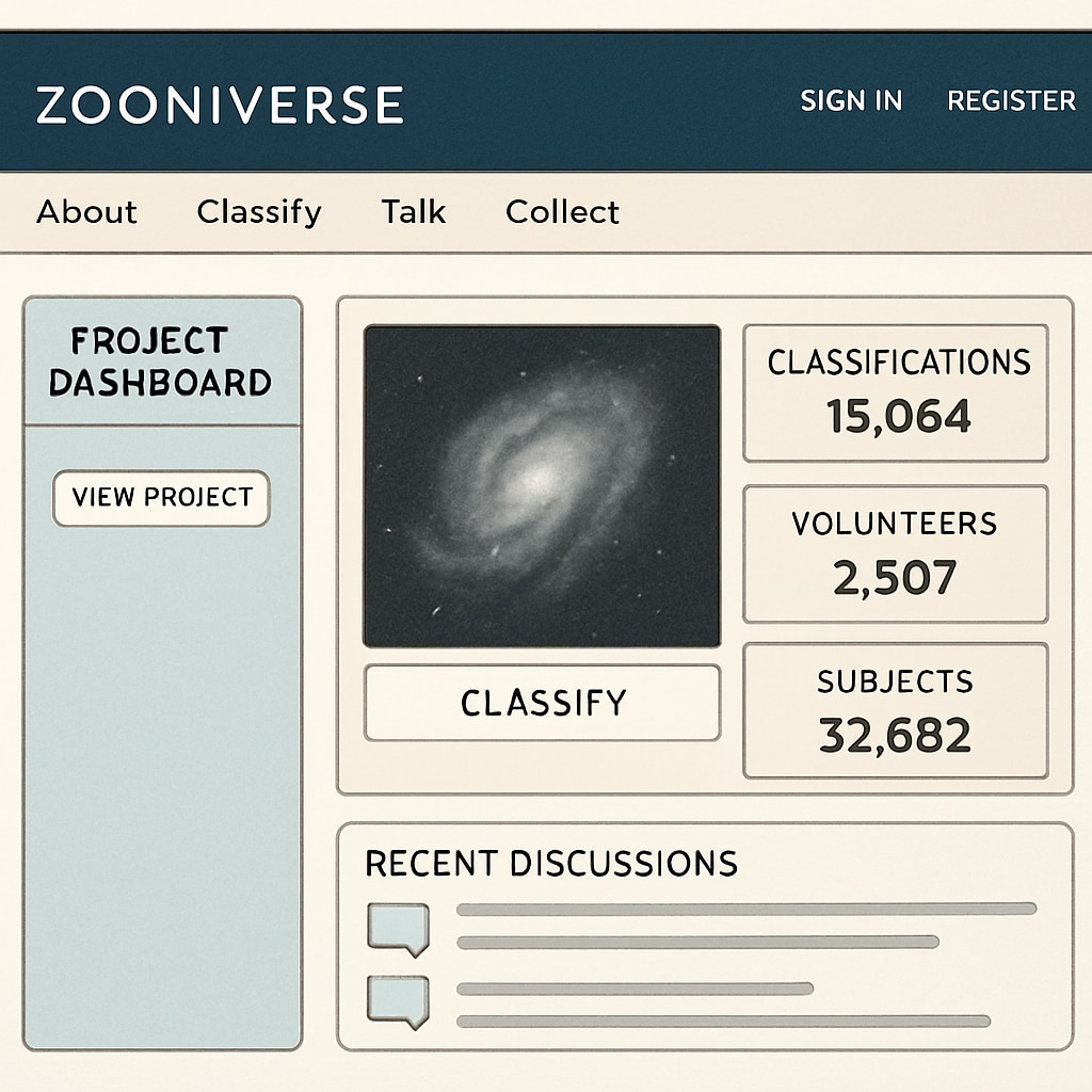 A detailed screenshot of the Zooniverse platform showing a scientific project dashboard, highlighting its user-friendly interface. Zooniverse project dashboard showcasing citizen science opportunities.
