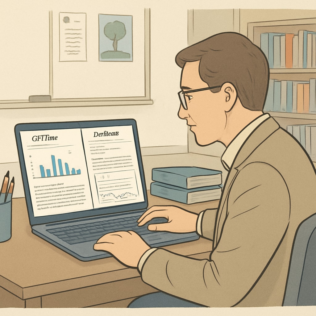 A teacher analyzing real-time student writing data on a laptop using GPTZero and Draftback. Teacher using GPTZero and Draftback for plagiarism detection in student writing.