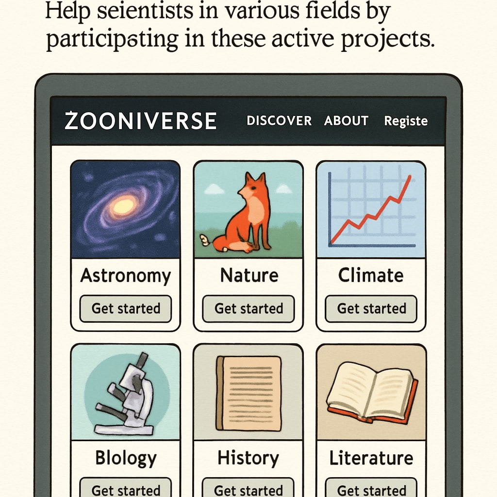 A screenshot of the Zooniverse homepage showcasing active projects available for participants across various scientific fields. Zooniverse homepage with citizen science projects for research.