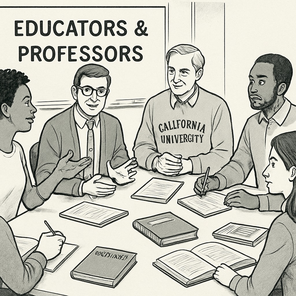 A group of K12 educators collaborating with California University professors in a seminar room. California University professors provide consultation for K12 educators.