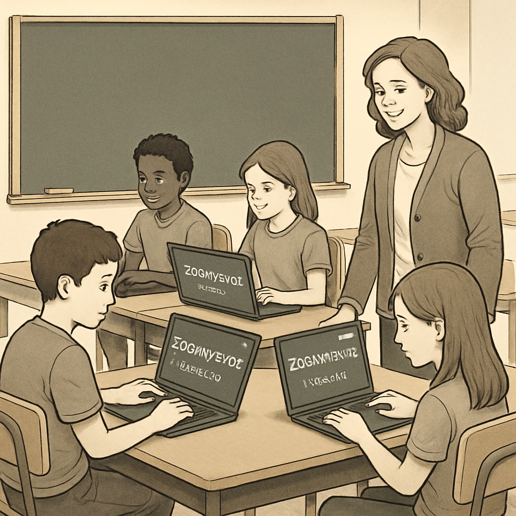 A classroom of students using laptops to participate in Zooniverse projects, with a teacher guiding them. K12 students engaged in citizen science projects on Zooniverse.