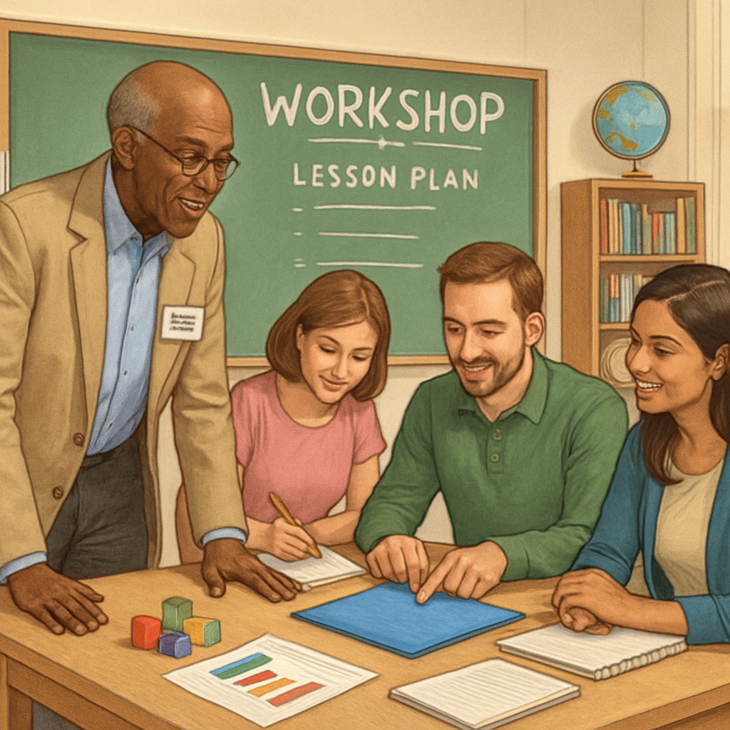 A California University professor mentoring K12 teachers in a hands-on workshop. Consultation workshop between a California University professor and K12 teachers.