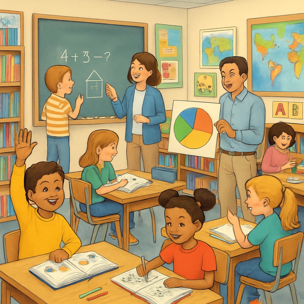 Elementary school classroom with students and teachers engaged in interactive learning