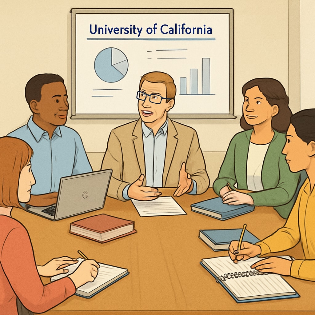 A meeting between University of California staff and K12 educators discussing collaboration strategies. University of California employees discussing collaborative strategies for K12 education.