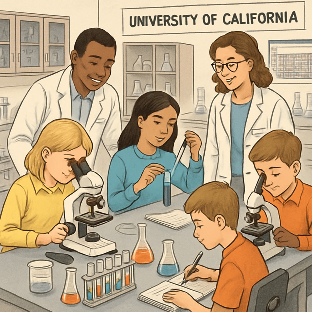 A University of California STEM lab hosting middle school students for hands-on experiments. University of California STEM lab engaging K12 students in practical science education.