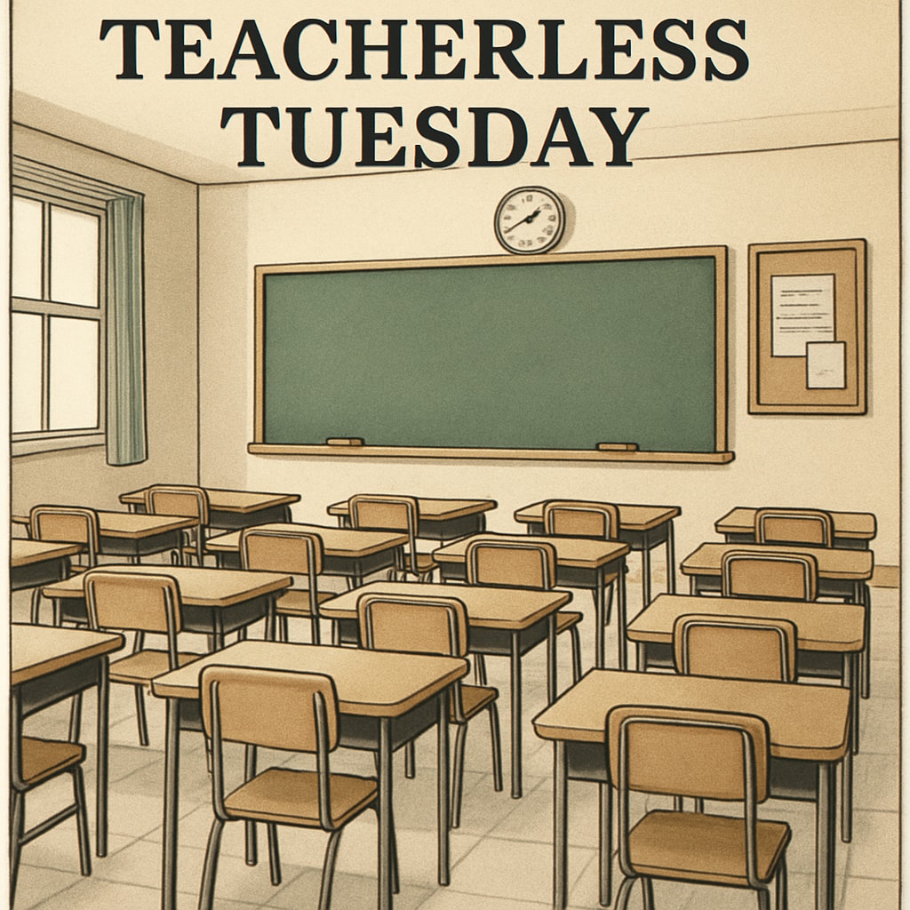 Empty classroom desks on Teacherless Tuesday, symbolizing teacher protests.