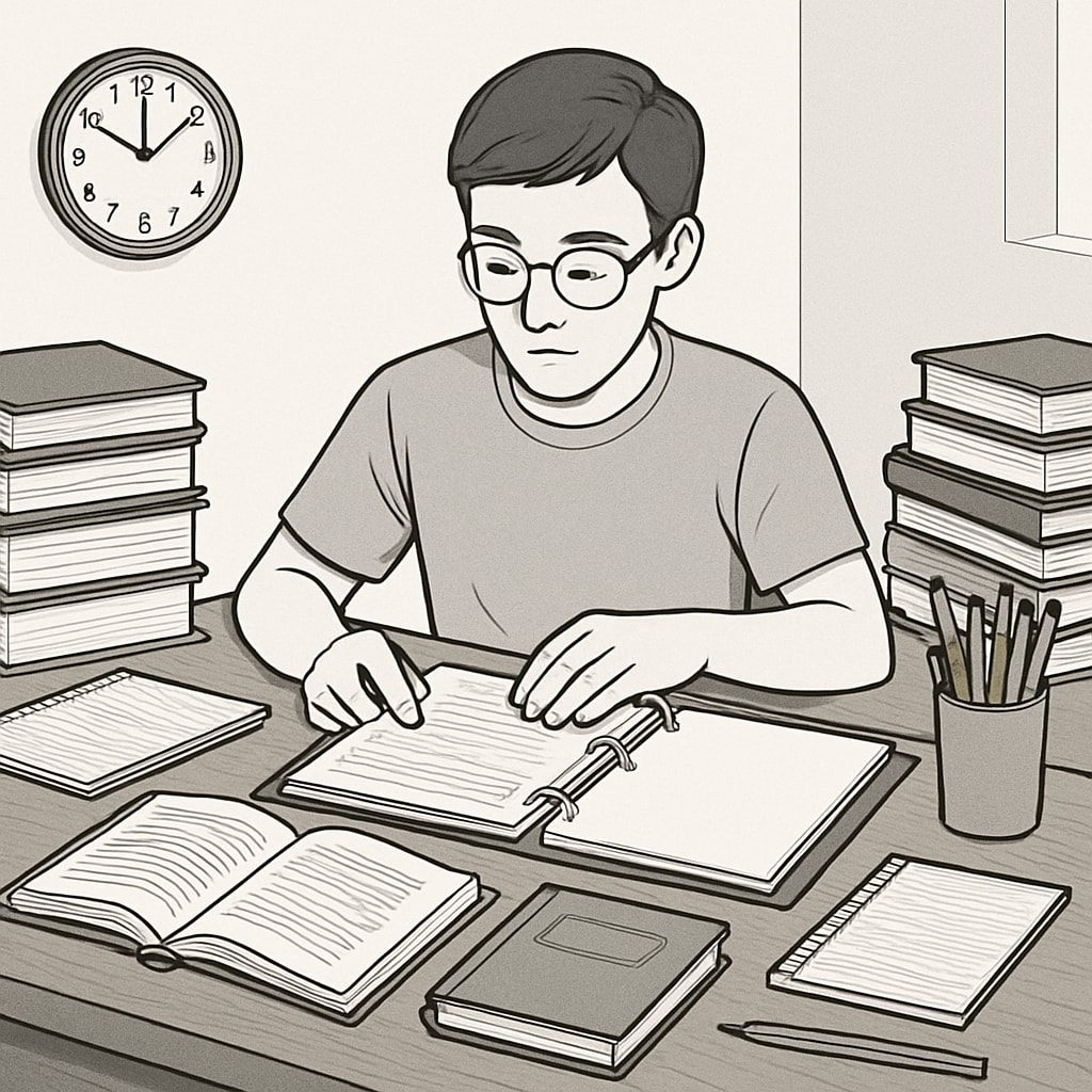 A student organizing their study materials with a focus on clearing backlogs, representing effective time management in academics. A student organizing study materials to manage BSc Physics backlogs effectively.