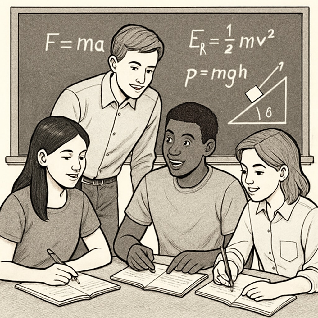 Students working together on physics problem-solving exercises, illustrating collaborative learning to tackle backlogs. Students collaborating on physics problems to address academic backlogs.