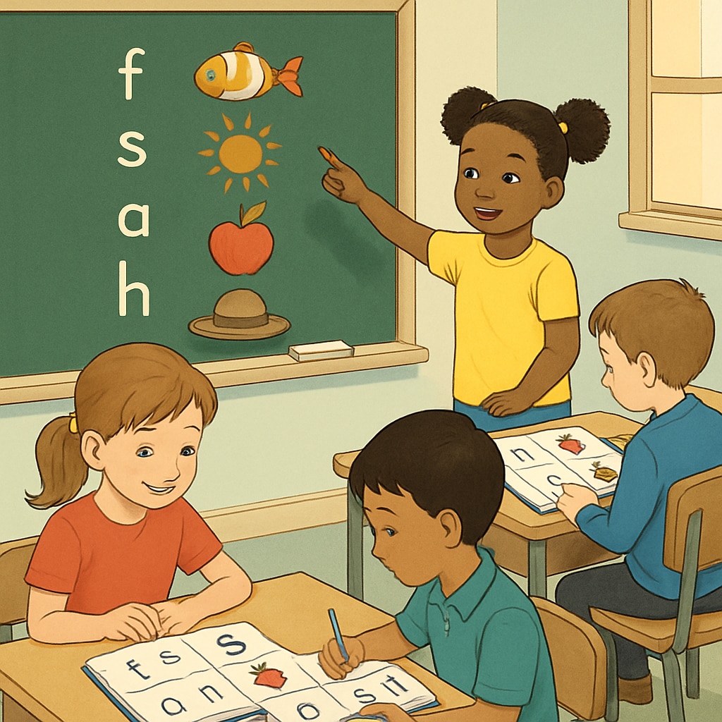 A classroom of children practicing phonics exercises, such as matching letters to their corresponding sounds. Children practicing phonics in reading education.