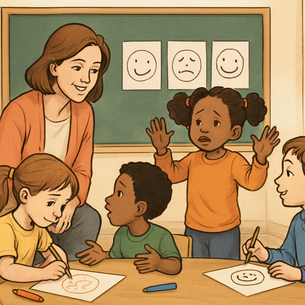 Teacher guiding children in emotional expression activities, related to emotional education and child development.