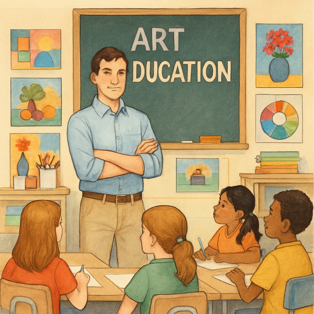 A young teacher standing in front of a classroom of engaged students, emphasizing the theme of arts education in action. Young teacher leading an arts education class with students actively participating.
