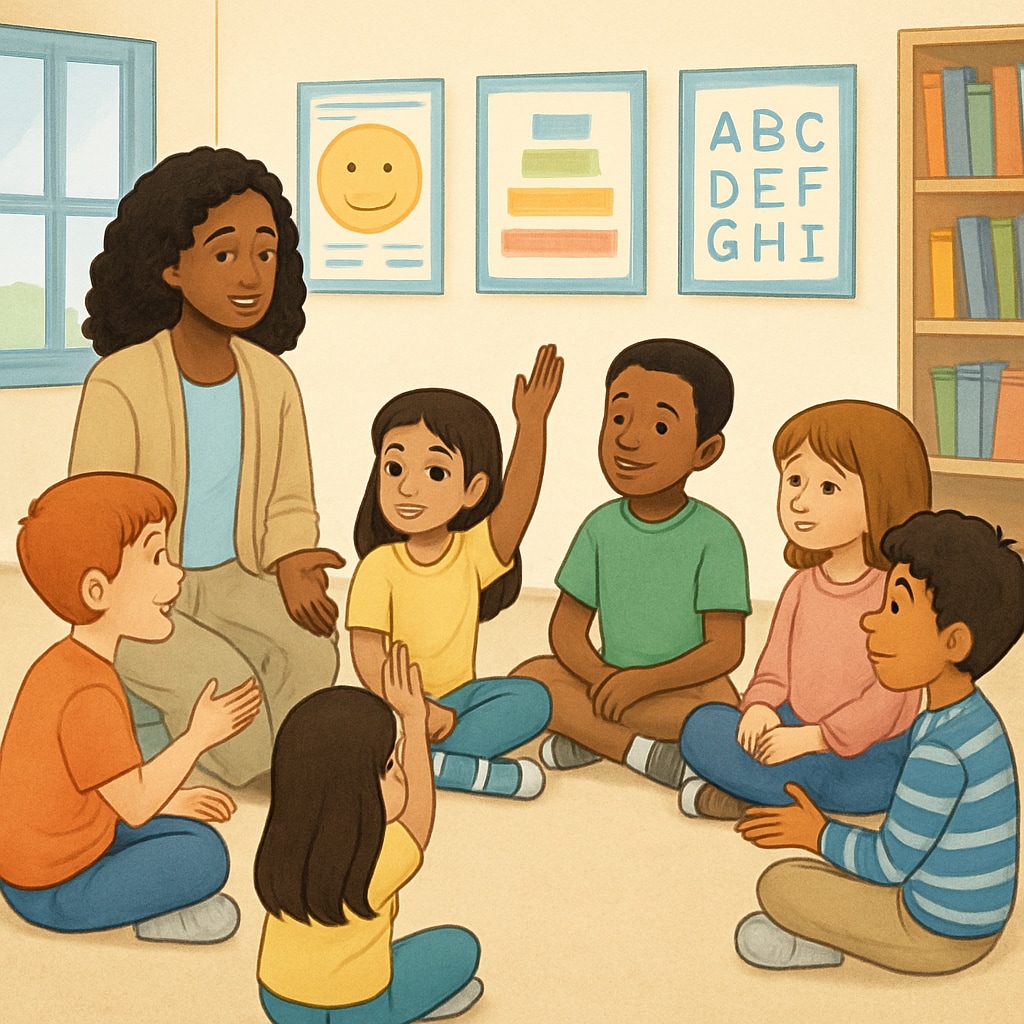Children learning emotional expression in a teacher-led discussion about feelings and emotions.