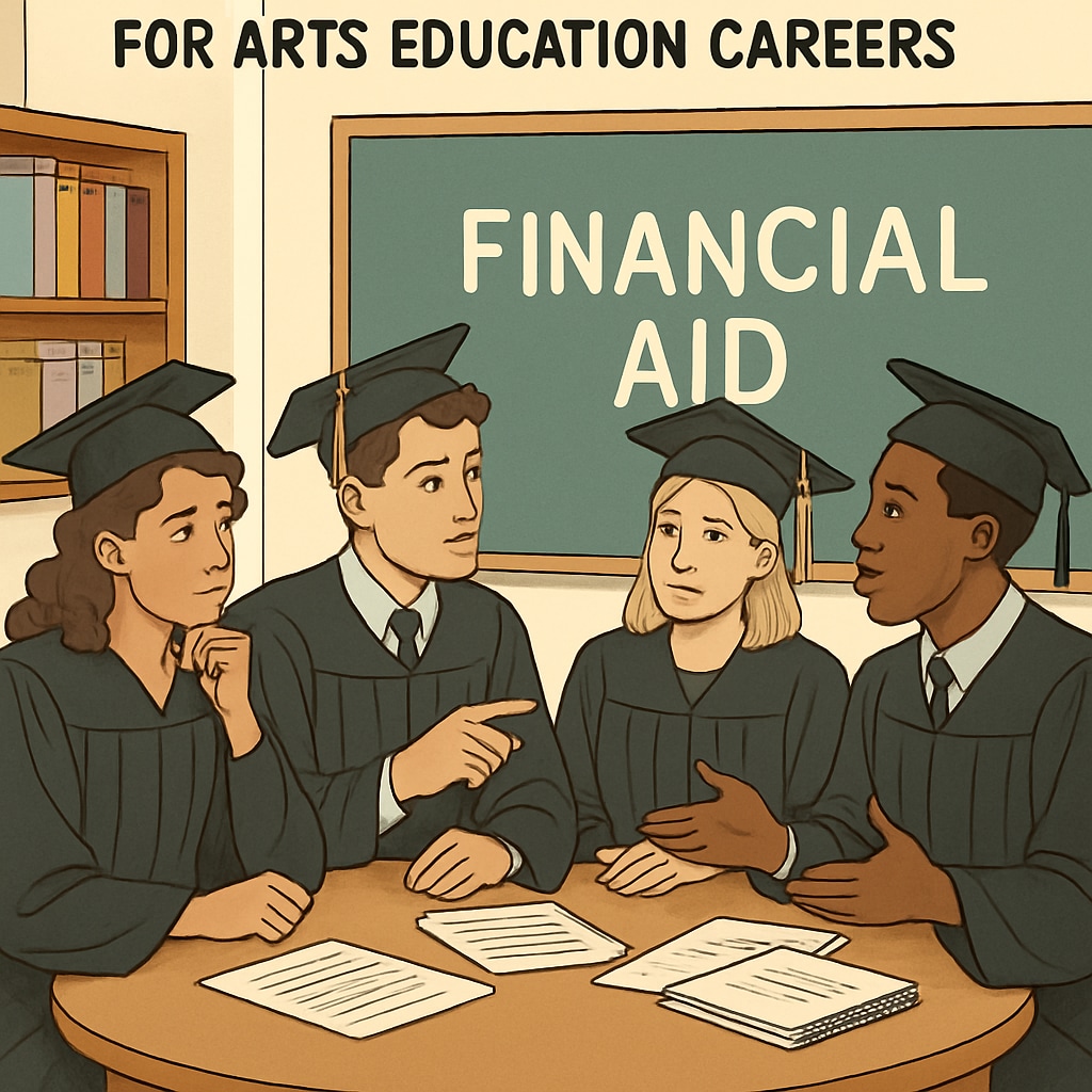 A group of college graduates discussing financial aid options, with a focus on arts education careers. College graduates reviewing financial aid and career paths in arts education.