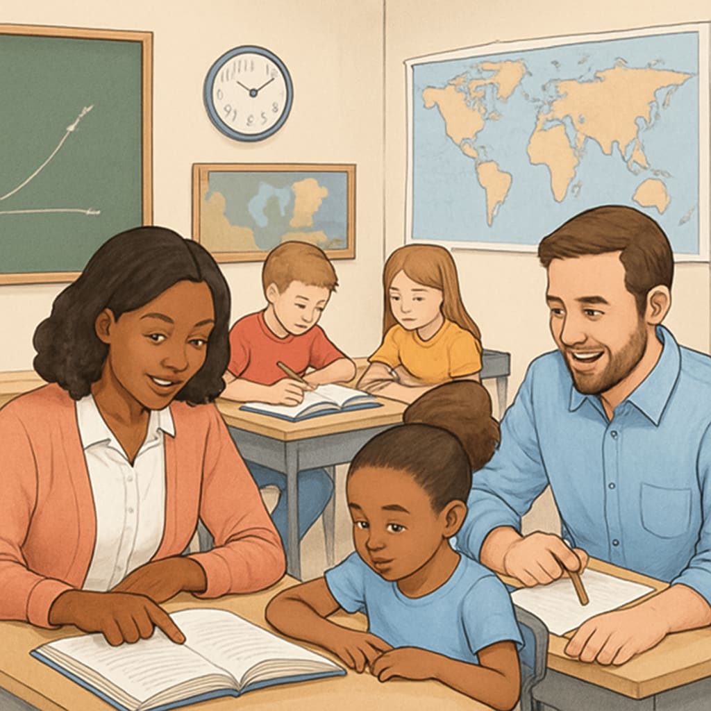 A classroom setting where educators are providing personalized academic tutoring to students, ensuring tailored support for their learning needs. Classroom tutoring session to improve student success and completion rates.