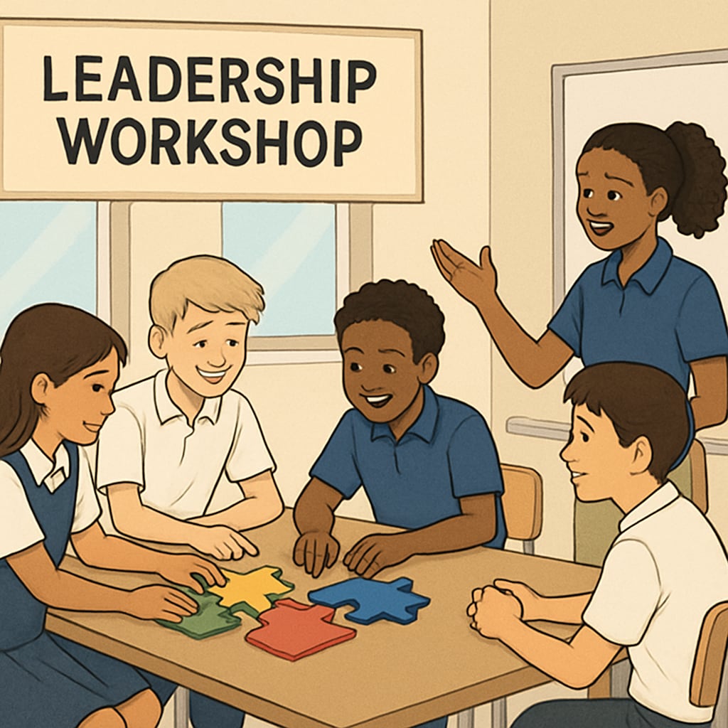 A leadership workshop where students participate in team-building activities, highlighting holistic development initiatives in K12 education. Leadership workshop focusing on holistic development for student success.