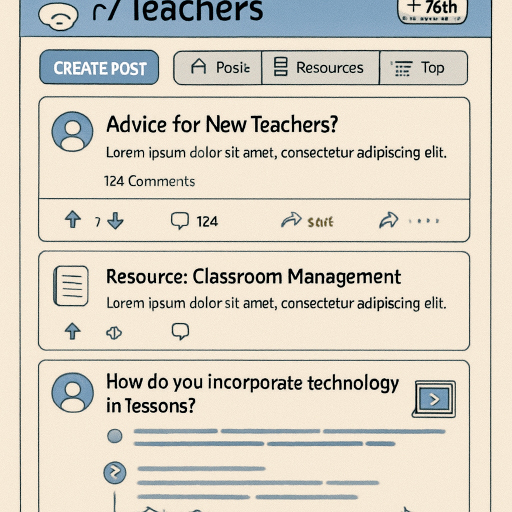 A vibrant screenshot of a Reddit educational subreddit (e.g., r/Teachers) showing active discussions and shared resources. Screenshot of a Reddit educational subreddit highlighting community rules and educational resources.