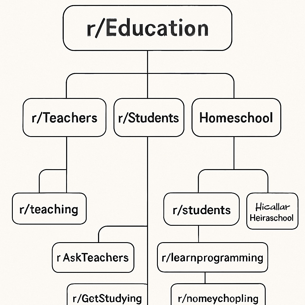 A visually appealing flowchart showing the structure of different educational subreddits on Reddit. Flowchart illustrating the structure and categories of Reddit’s educational subreddits.