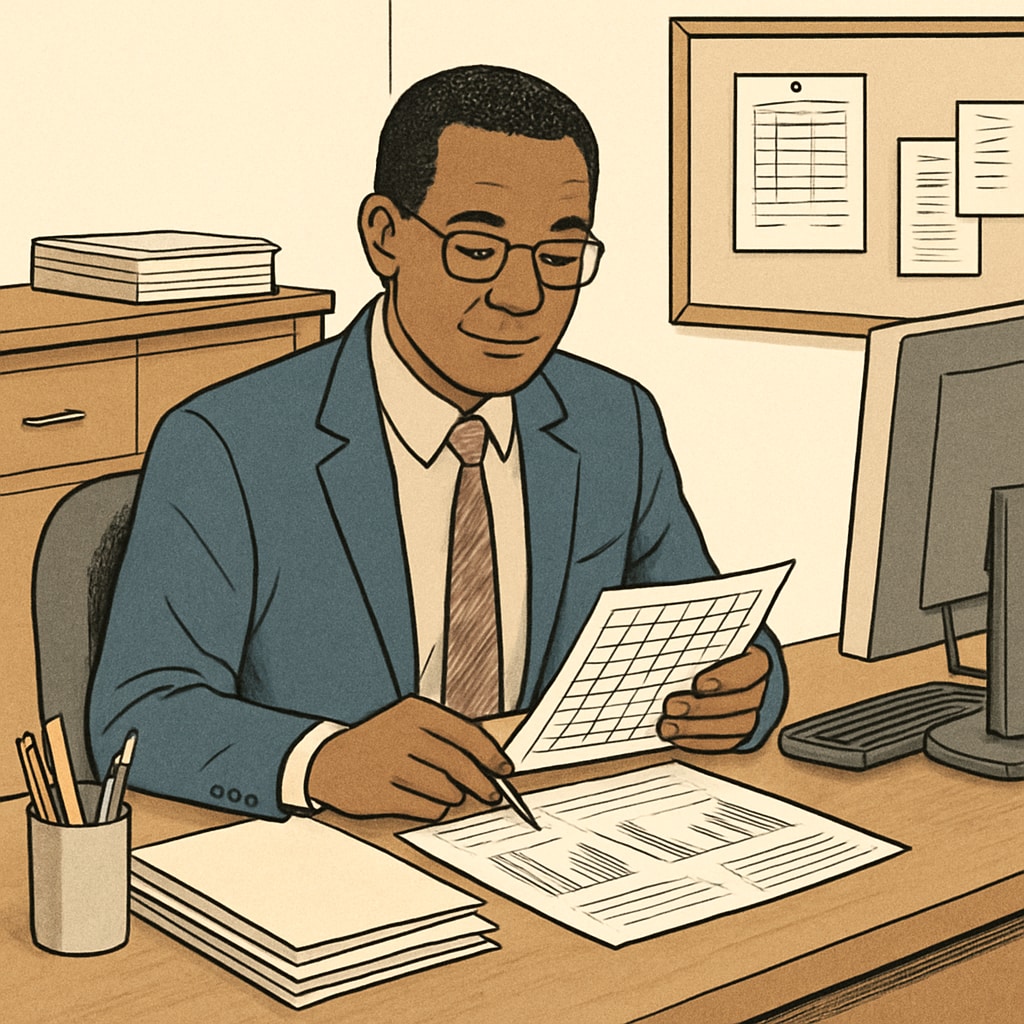 A school administrator working at their desk, reviewing schedules and reports. School administrator managing reports and schedules, aligning with school hours.
