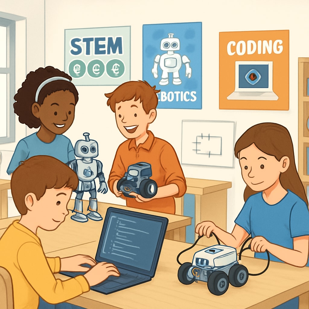 A classroom with students engaged in STEM activities, including robotics and coding. STEM-focused classroom with students working on robotics and coding projects.