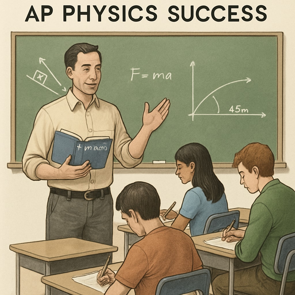 A teacher holding a textbook while students work on physics problems in a classroom setting, reflecting the importance of proper instruction for AP Physics success. Teacher leading an AP Physics class, highlighting the issue of teacher errors in exam preparation.