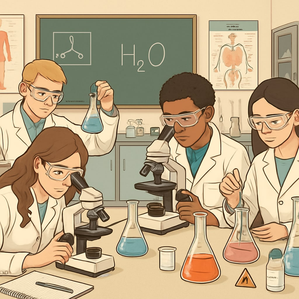 A high school science laboratory where students are conducting experiments with microscopes and chemical solutions. High school science lab with students performing experiments to enhance STEM learning.