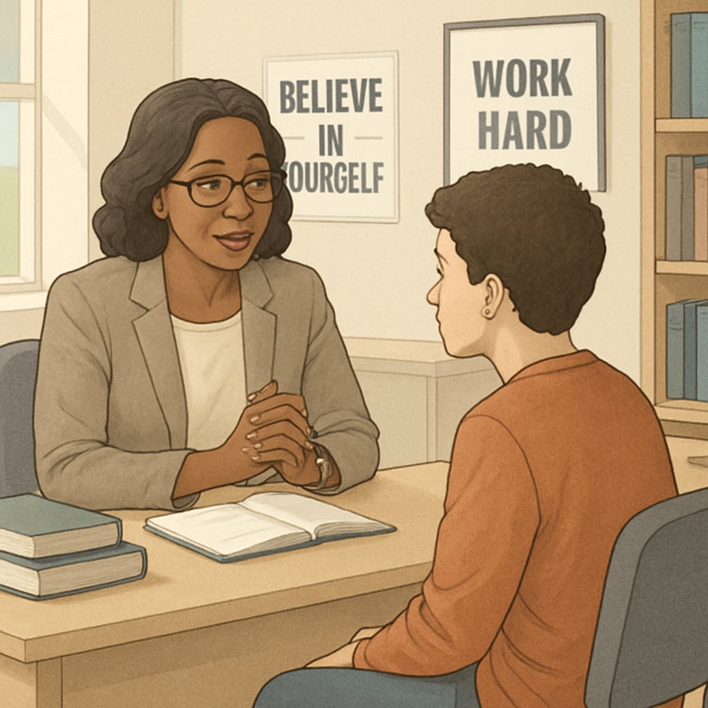 A school counselor sitting with a student, providing guidance in a supportive setting. K12 school counselor helping a student with academic and personal advice.