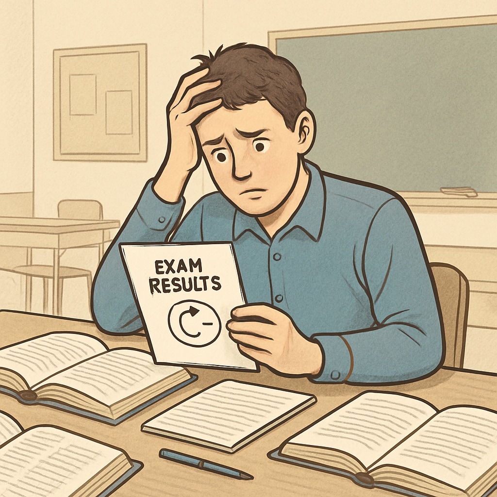 A frustrated student reviewing exam results at a desk, surrounded by study materials, symbolizing the challenges of grade appeals. Student reacting to AP Physics grade results, emphasizing the failure of appeals processes.