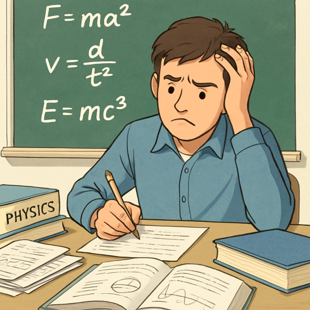 A high school student struggling with physics homework, symbolizing the challenges caused by teacher errors. High school student struggling with AP Physics homework due to classroom mistakes.
