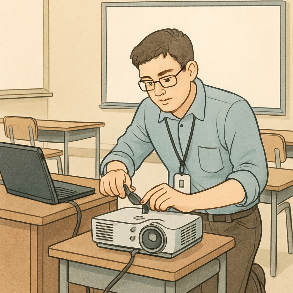 An IT specialist setting up a projector in a classroom, ensuring smooth digital learning experiences. IT specialist ensuring seamless technology integration in K12 classrooms.