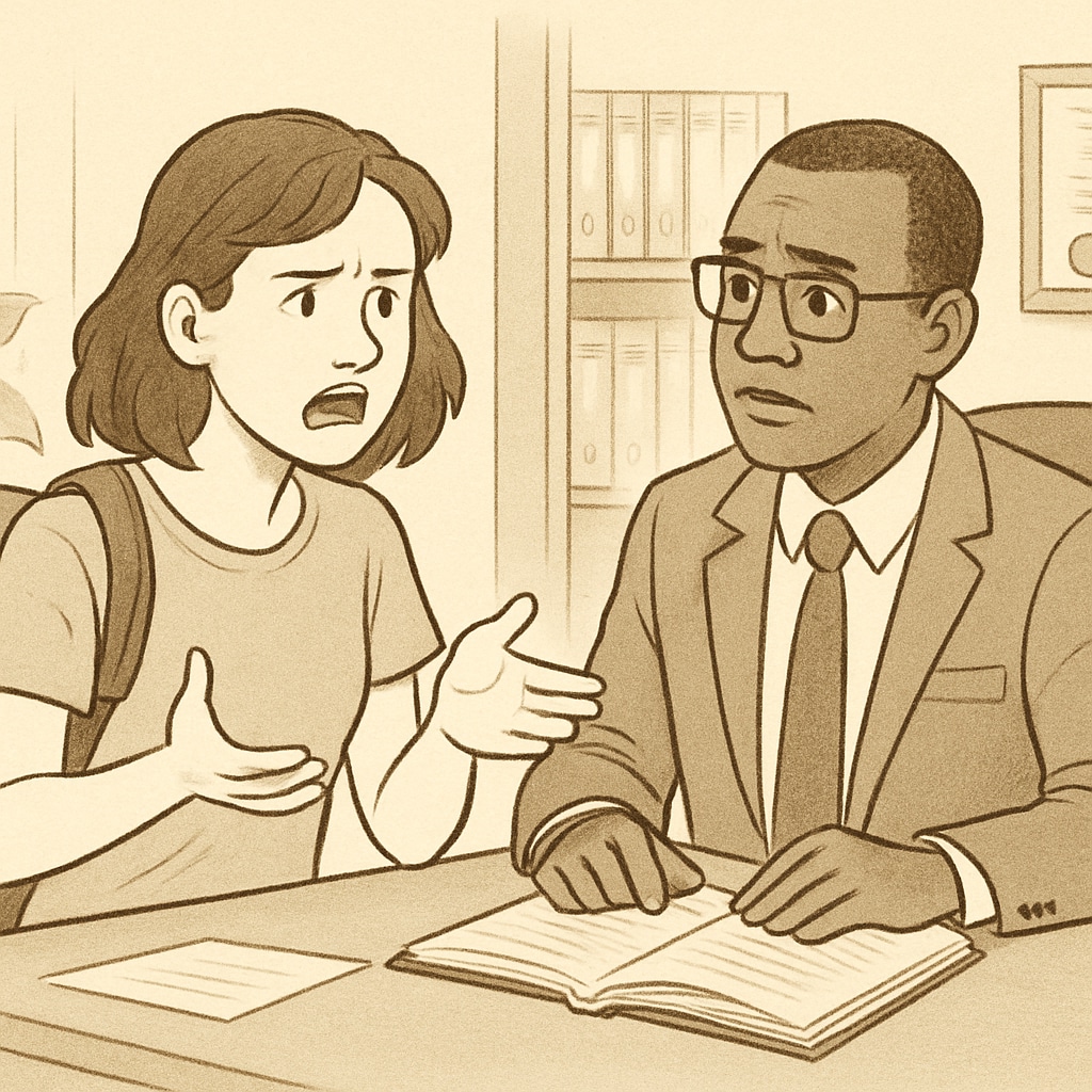 A frustrated student speaking with a school administrator, highlighting the challenges of navigating the appeal process. Student discussing appeal process issues with a school administrator.
