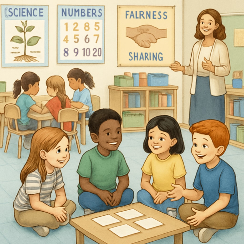 A classroom of first-grade children engaged in a group activity discussing fairness and sharing. First-grade students discussing fairness and sharing during a classroom activity.