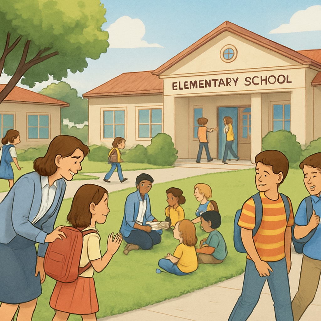 Public elementary school campus with students and teachers interacting