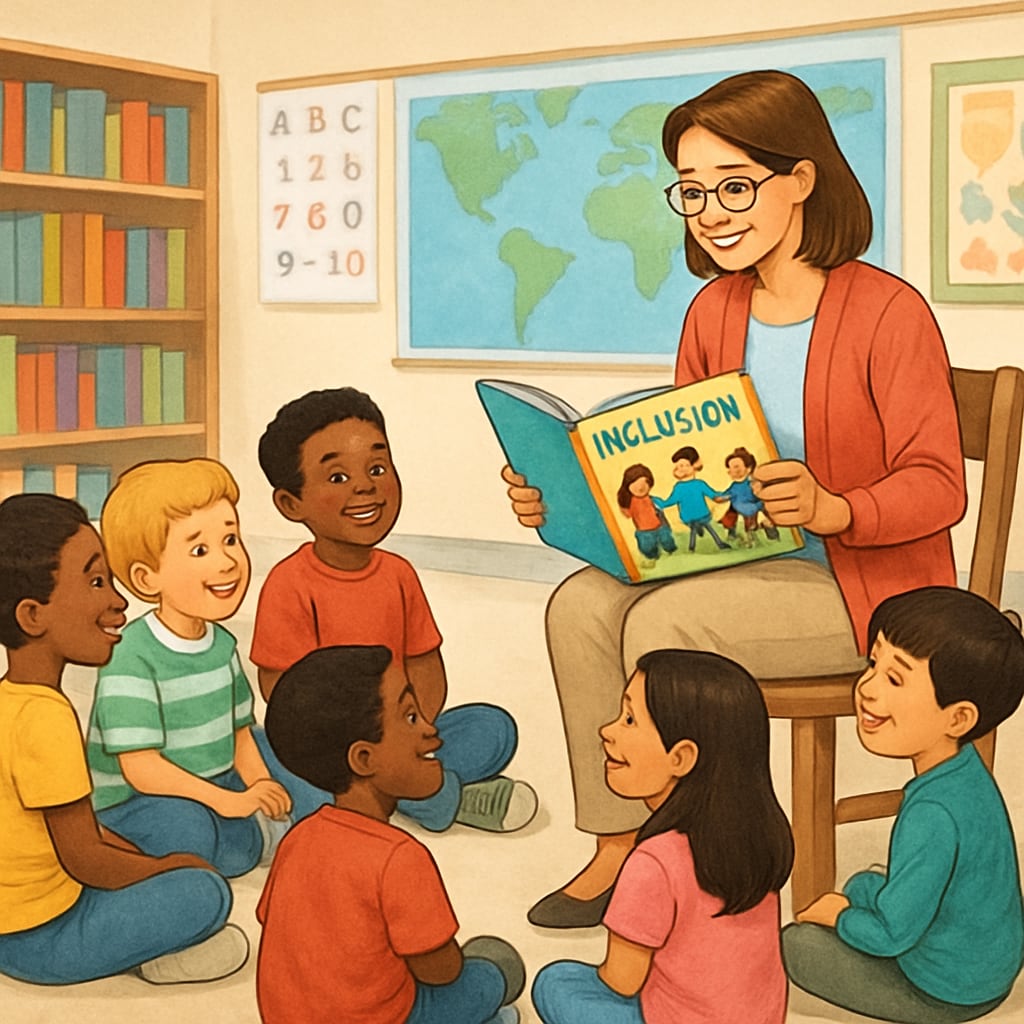 An educator reading a storybook about inclusion to a group of young children. Teacher reading a story about inclusion to first-grade students during a lesson.
