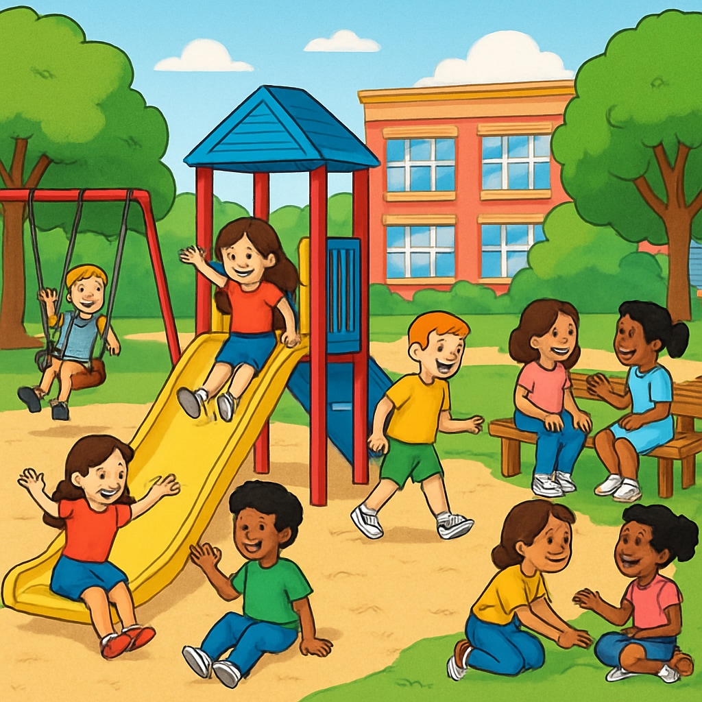 Safe and stimulating campus environment in public elementary schools shown through a playground scene.