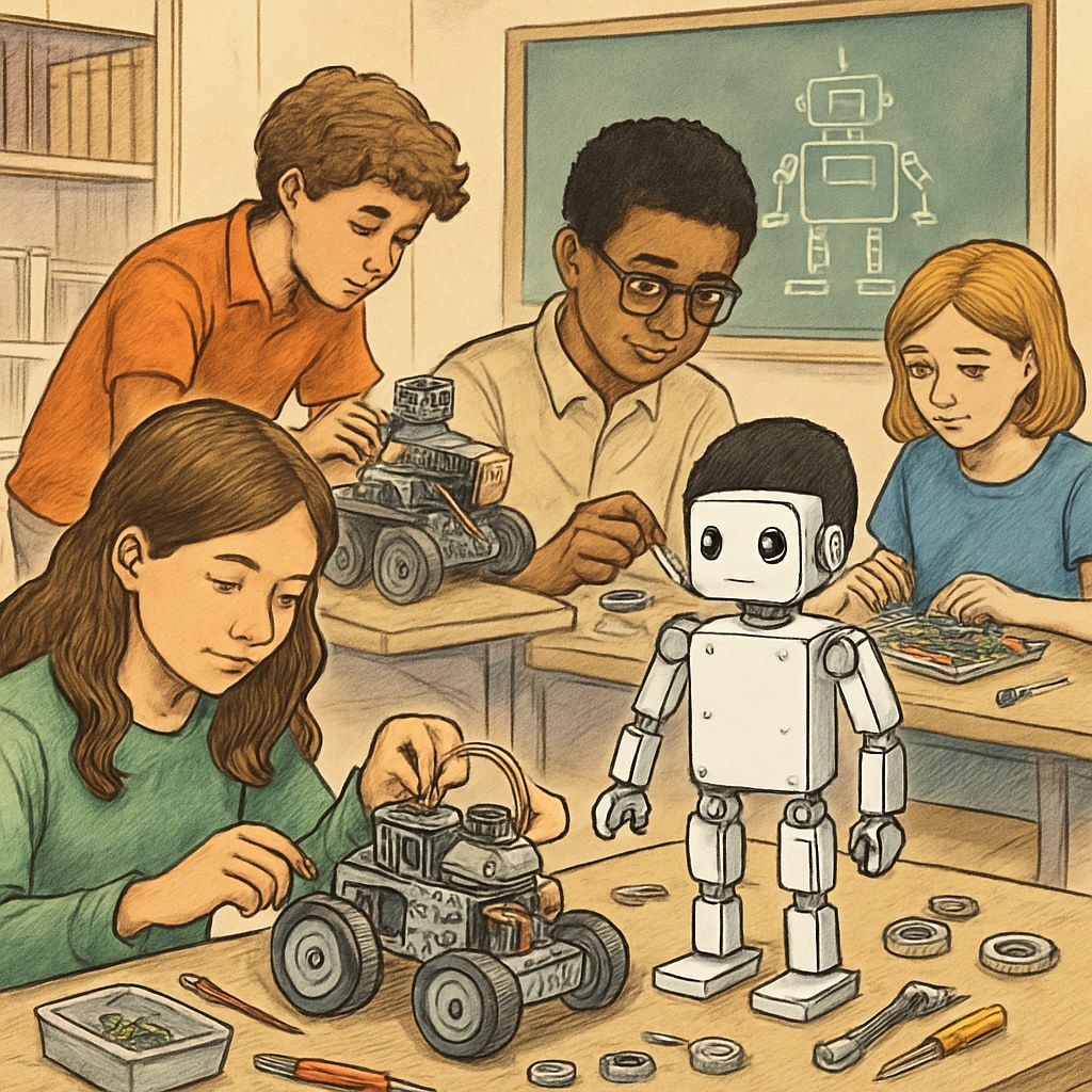 Students working on robotics projects, symbolizing the integration of STEM education in K12 schools. Students participating in STEM projects to adapt K12 education to the AI era.