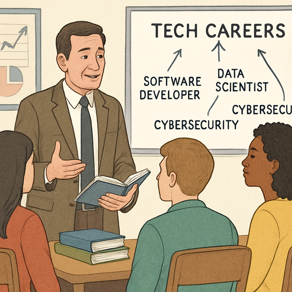 A career counselor discussing technology-driven career options with students, representing future-oriented career guidance. Career counselor advising students on AI-driven job opportunities.