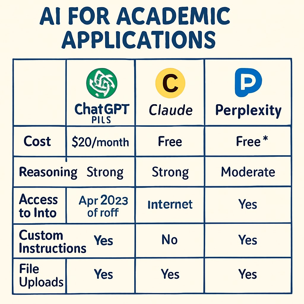 Features of ChatGPT Plus, Claude, and Perplexity compared for academic success.