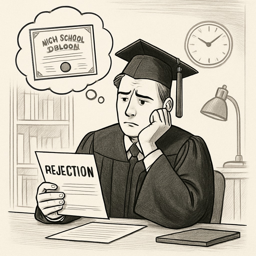 A frustrated job seeker holding multiple degrees, looking at a rejection letter due to missing a high school diploma. Frustrated job seeker with multiple degrees, rejected due to missing high school diploma.