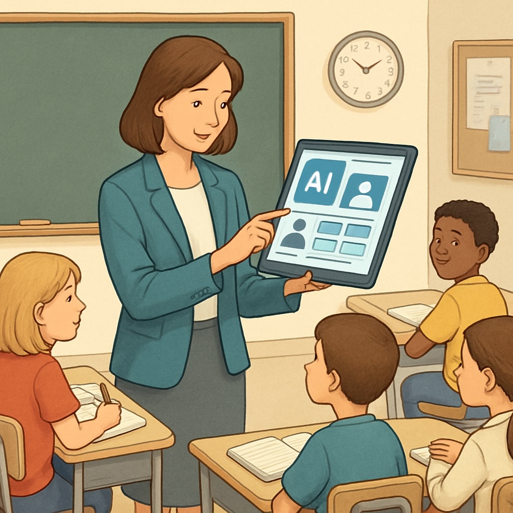 A classroom scene showing a teacher using AI software on a tablet to manage student data, emphasizing AI's role in reducing administrative tasks. Teacher using AI software in a classroom to manage student data, highlighting education efficiency.