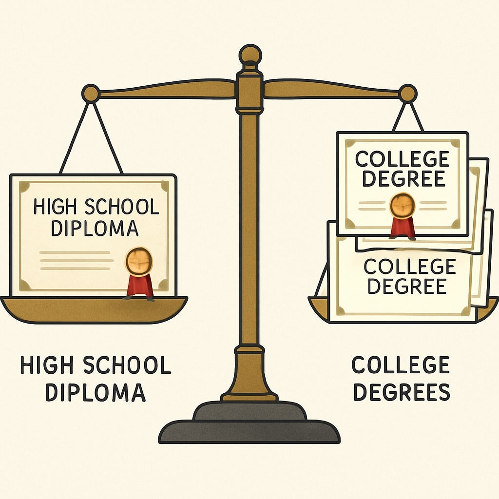 Conceptual illustration of a scale balancing a high school diploma and college degrees, symbolizing employment certification paradox. Scale balancing a high school diploma and college degrees, highlighting certification paradox.