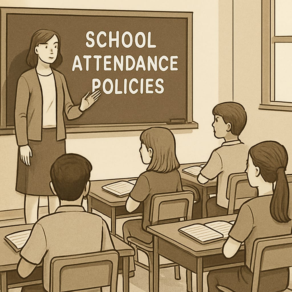 A classroom with students seated at desks, emphasizing school attendance policies Students in a classroom highlighting strict attendance policies