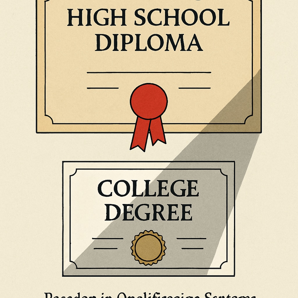 A symbolic image showing a college degree certificate overshadowed by a high school diploma, representing the paradox in qualification systems. A college degree overshadowed by a high school diploma, highlighting education paradox.