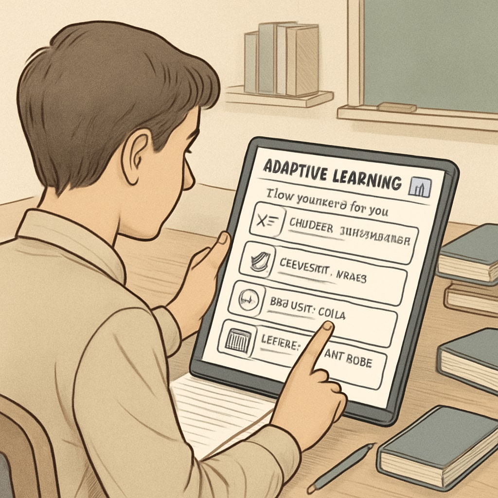A student interacting with an adaptive learning platform powered by AI, showcasing customized lesson recommendations for personalized education. Student using an AI-powered platform for personalized learning, illustrating education efficiency.